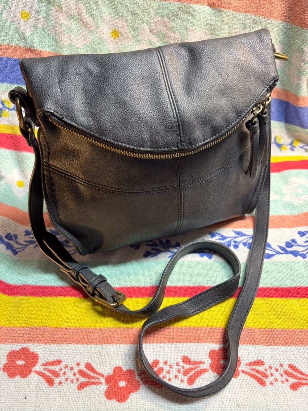Sonoma Black Leather Fold-Over Crossbody Bag